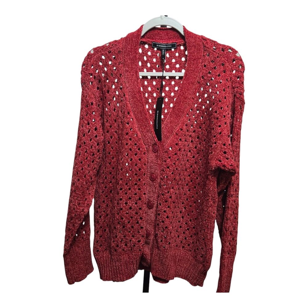 BCBGMAXAZRIA Cardigan Sweater Chenille Rio Red Womens Size Medium NEW
